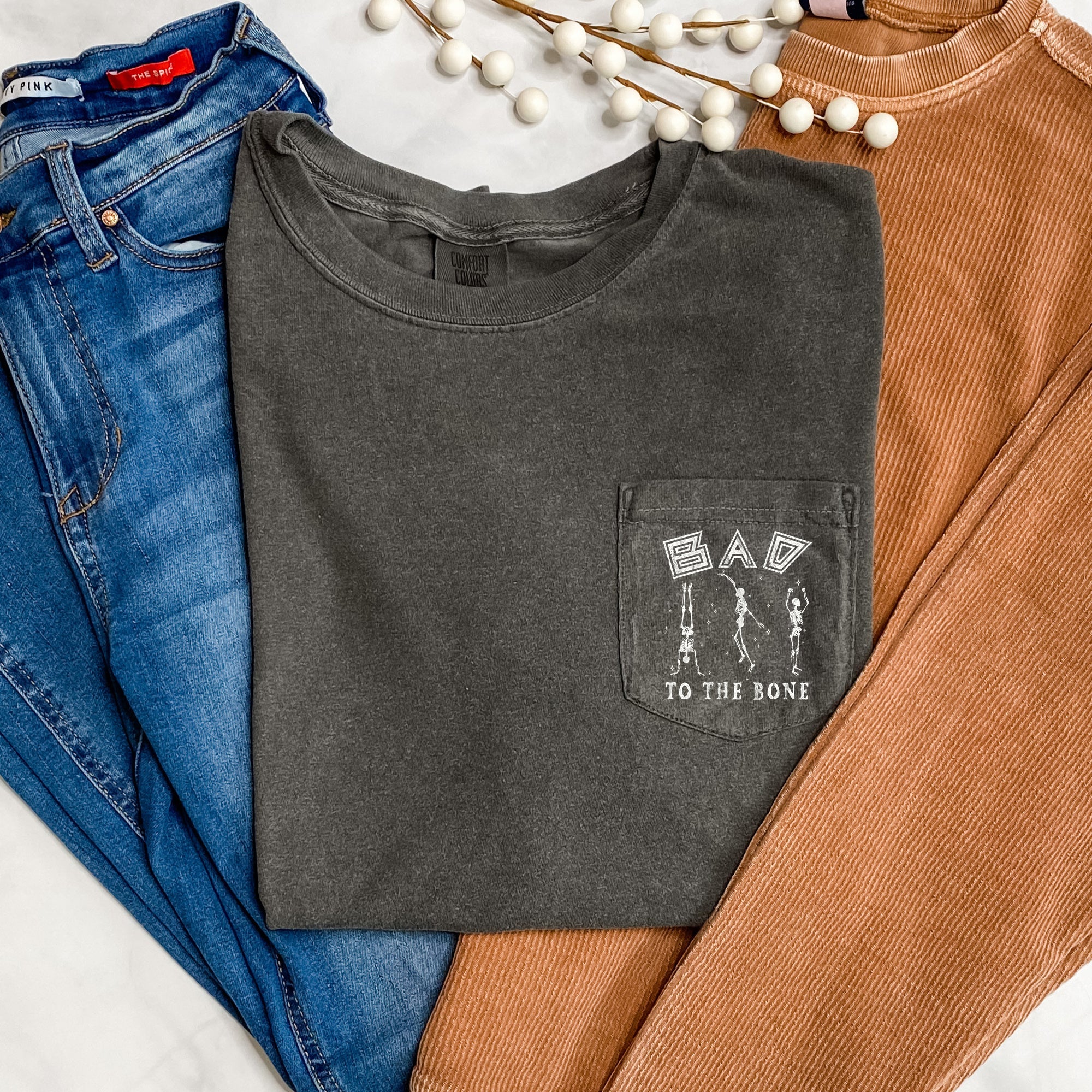 Bad To The Bone Halloween Pocket Vintage Ghosts Moonlit Night Edition Classic Premium Quality Comfort Colors Tee