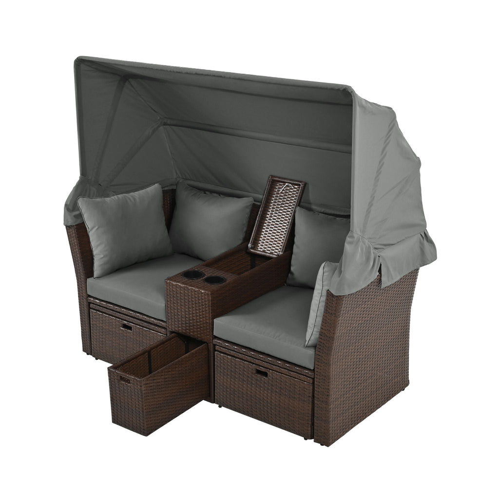 Alora Premium Outdoor 2-Seater Patio Daybed With Foldable Awning, Cushions, And Rattan Frame (SAK90233)