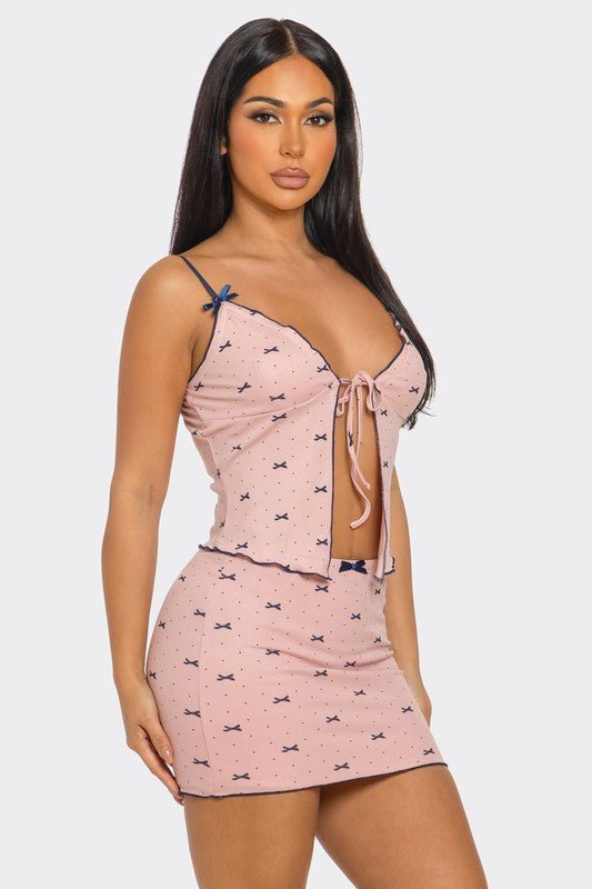 Pretty Bow Mini Skirt and Spaghetti Strap Top Set – Chic Two-Piece Outfit for Women