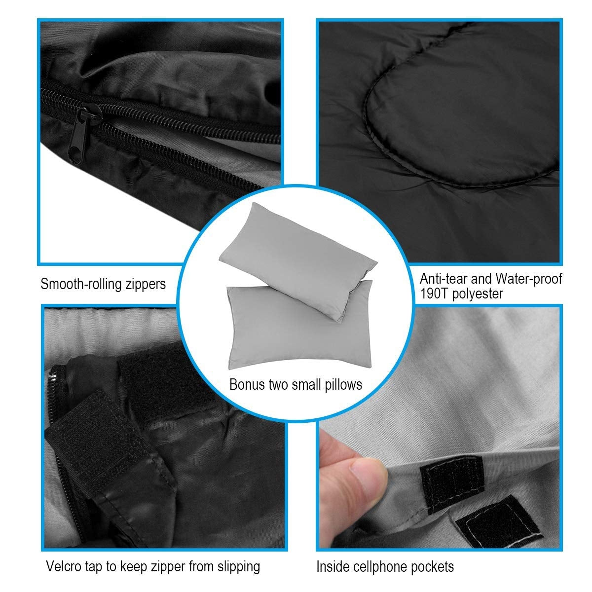 2 Person Waterproof Sleeping Bag with 2 Pillows-Black