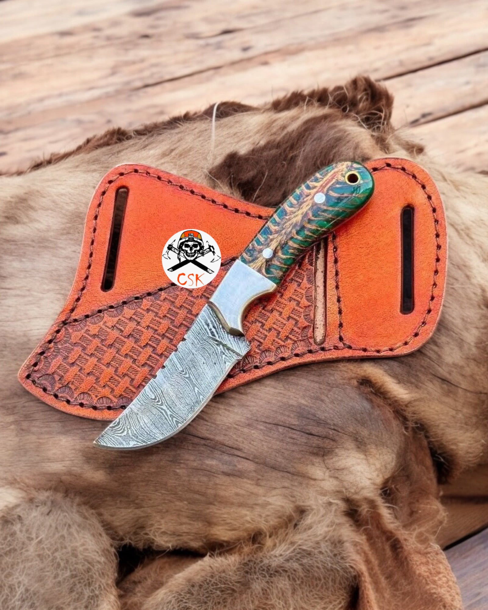 Ranch Cowboy Hunting Knife with Green Epoxy Pine Cone Resin Handle - PhishStones Products