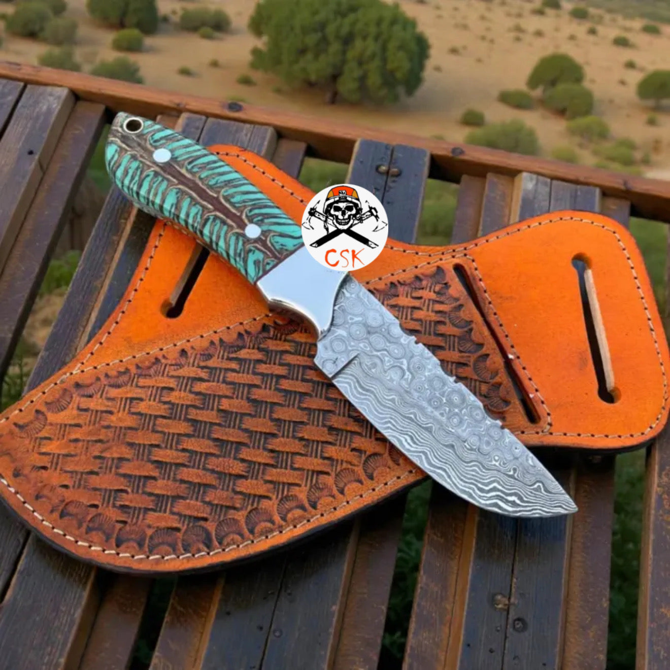 RANCH COWBOY KNIFE 3.25" DAMASCUS BLADE WITH PINE CONE RESIN HANDLE - PhishStones Products