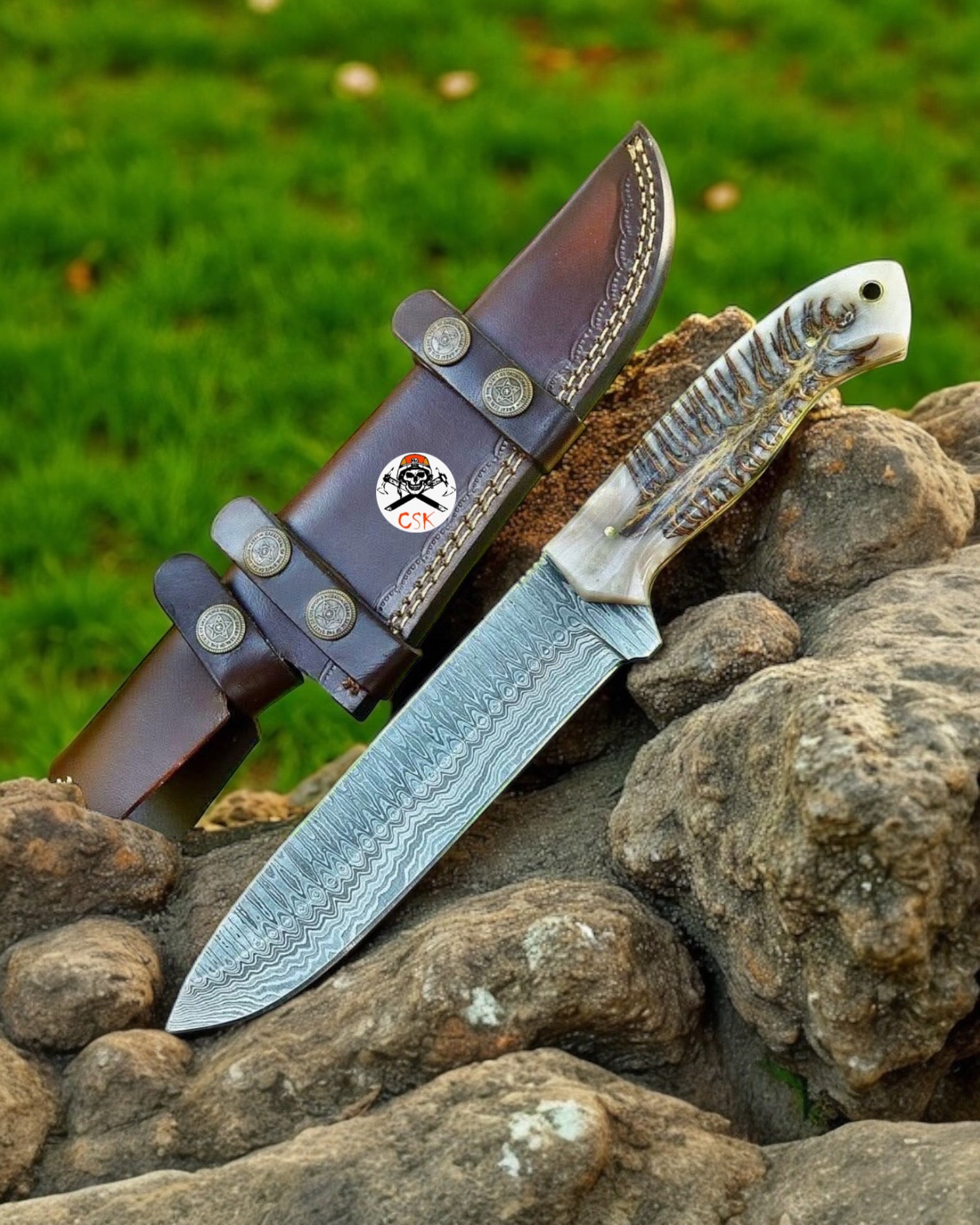 RANCHER BELT KNIFE – DAMASCUS ALONG BLADE WITH PINE CONE HANDLE - PhishStones Products