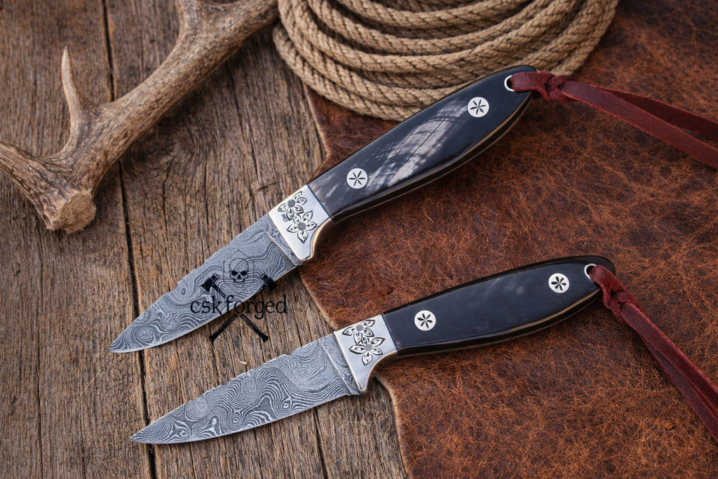 Rancher Buckaroo Knifes Collection – 3” Damascus Blade with Belt Sheath - PhishStones Products