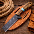 Rancher’s Fury Bull Cutter – Damascus Steel Cowboy Knife with Ash Wood & Turquoise Handle - PhishStones Products
