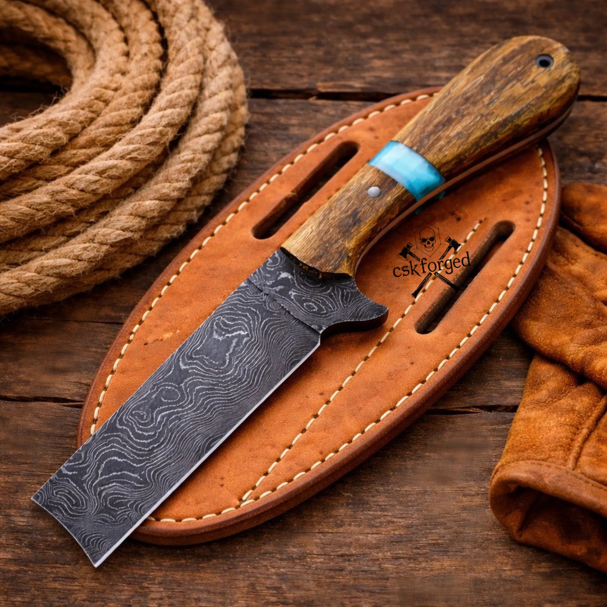 Rancher’s Fury Bull Cutter – Damascus Steel Cowboy Knife with Ash Wood & Turquoise Handle - PhishStones Products