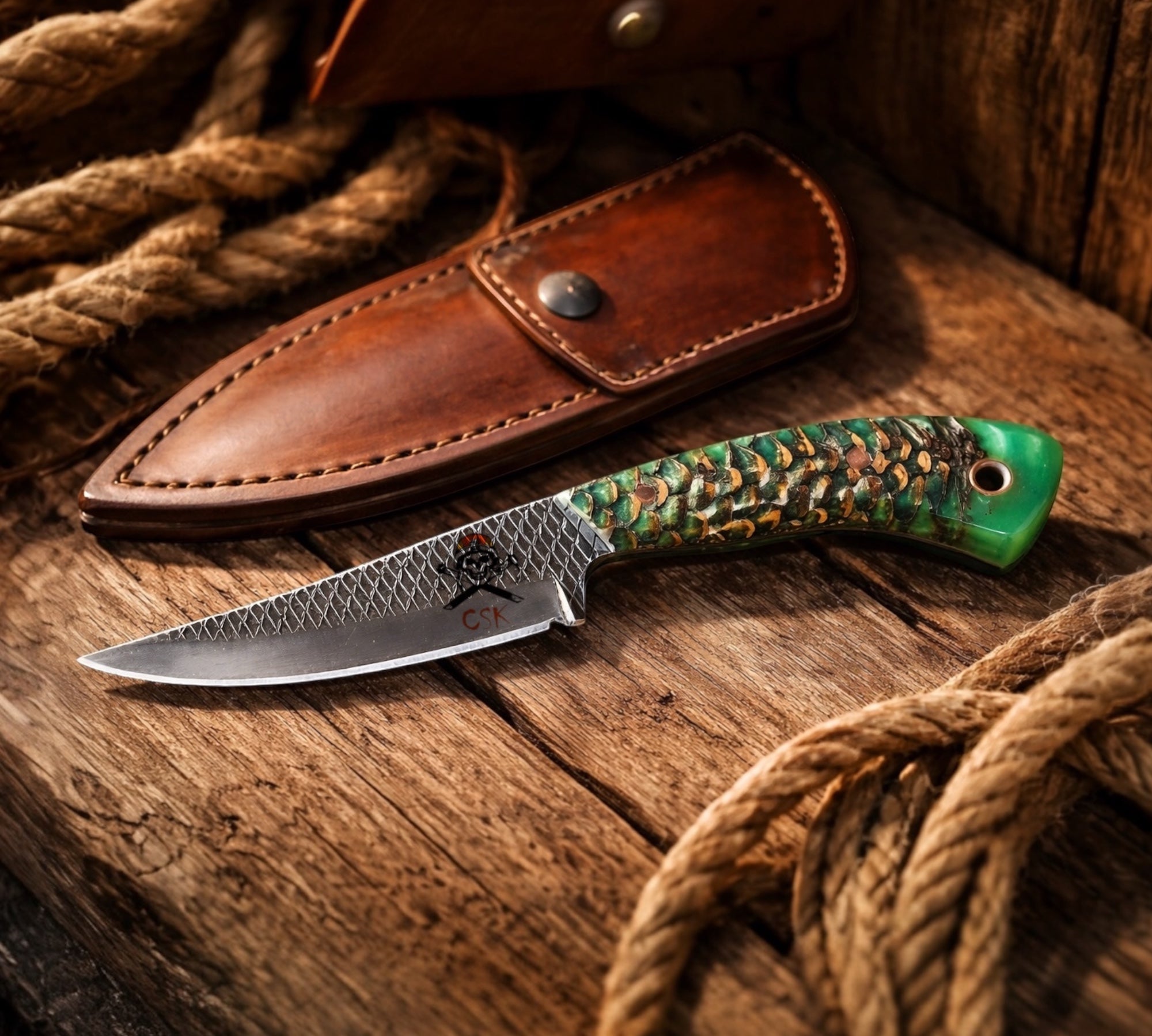 Rasp Forged Knife – D2 Steel Frontier Belt Knife with Pine Cone Handle - PhishStones Products