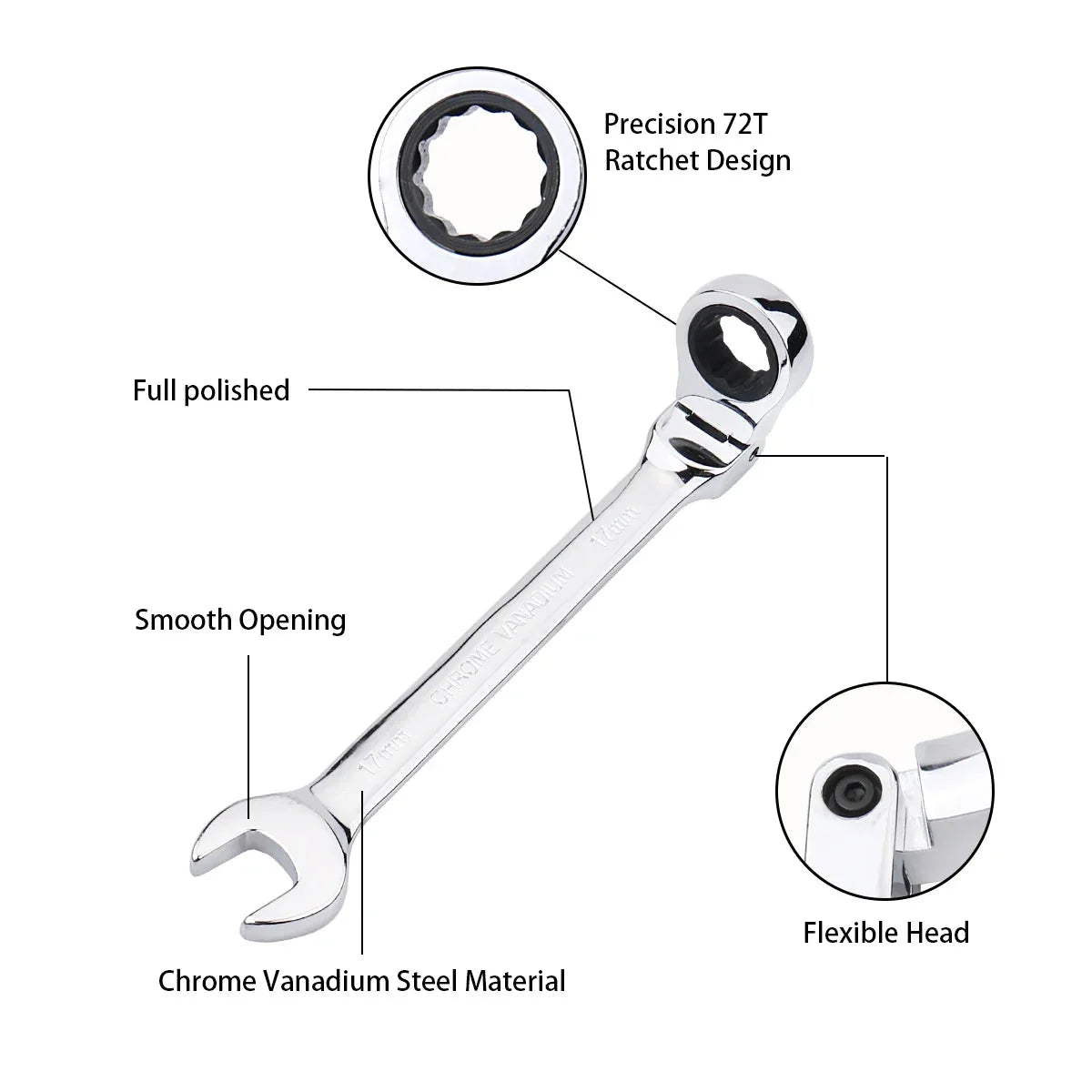 Ratchet Wrench of Keys Spanner Set Hand Tool 72 - Tooth Ratcheting Flexible Head Mirror Finish 6mm - 27mm Auto and Home Repair 1 pcs - PhishStones Products
