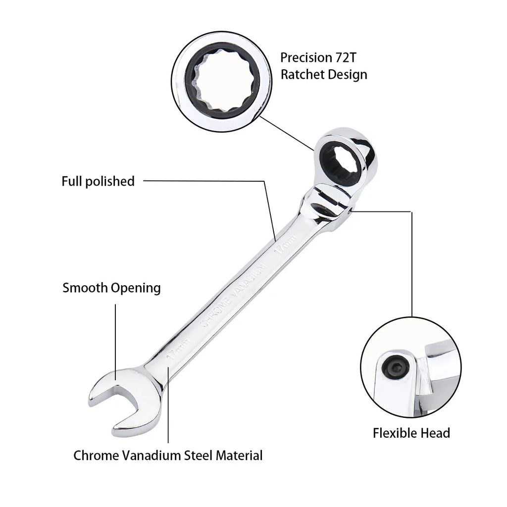 Ratchet Wrench of Keys Spanner Set Hand Tool 72 - Tooth Ratcheting Flexible Head Mirror Finish 6mm - 27mm Auto and Home Repair 1 pcs - PhishStones Products