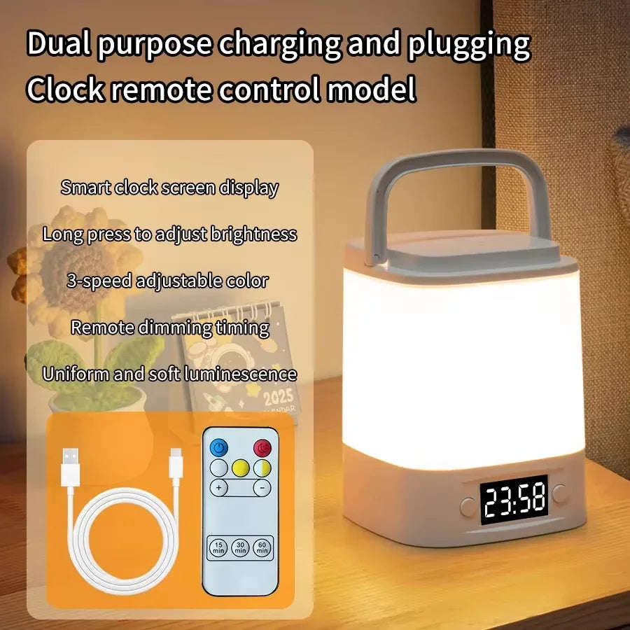Rechargeable LED Night Light with Clock Display - USB Bedside Lamp, Touch & Remote, Adjustable Brightness & Color Temperature for Nursery & Reading - PhishStones Products