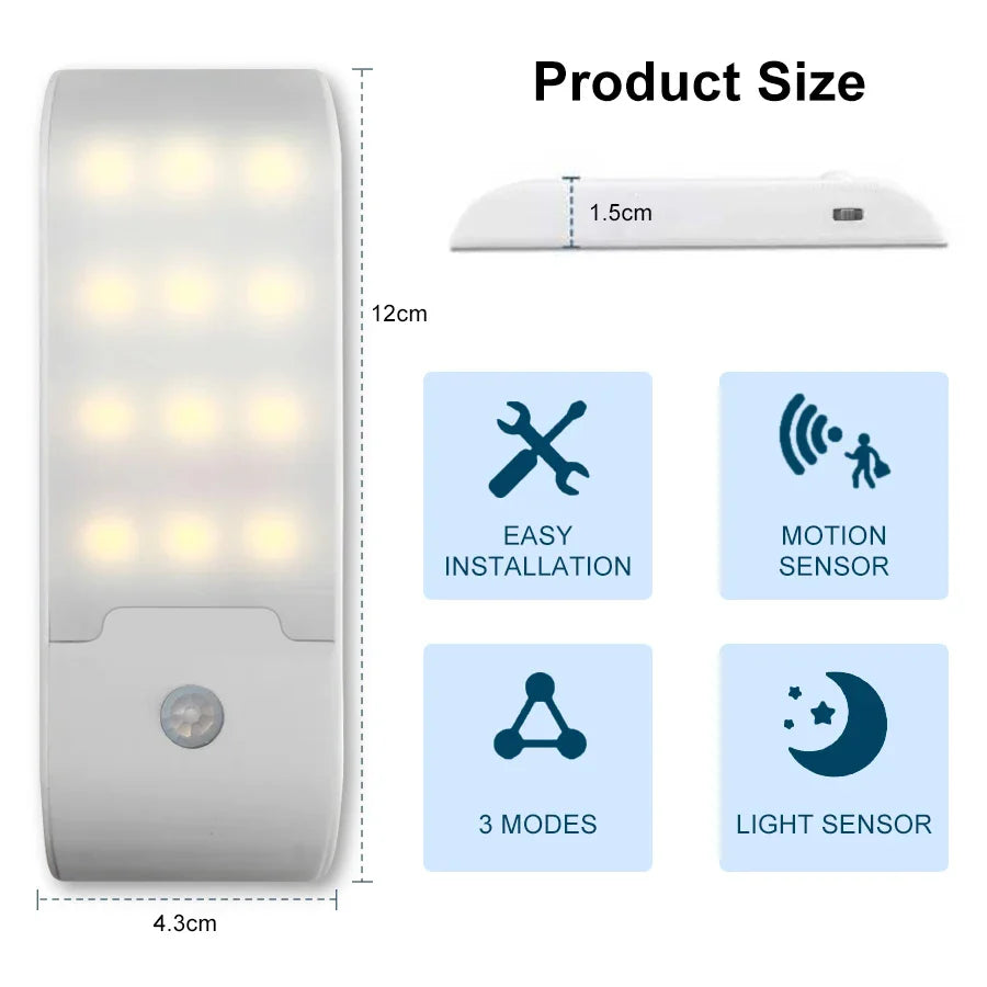 Rechargeable Motion Sensor LED Night Light – Portable Emergency Rectangular Nightlight, 10 cm (3.9 in), 5V - PhishStones Products