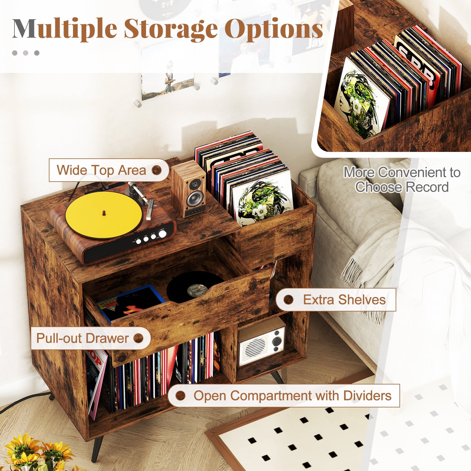 Record Player Stand with Power Outlet-Rustic Brown