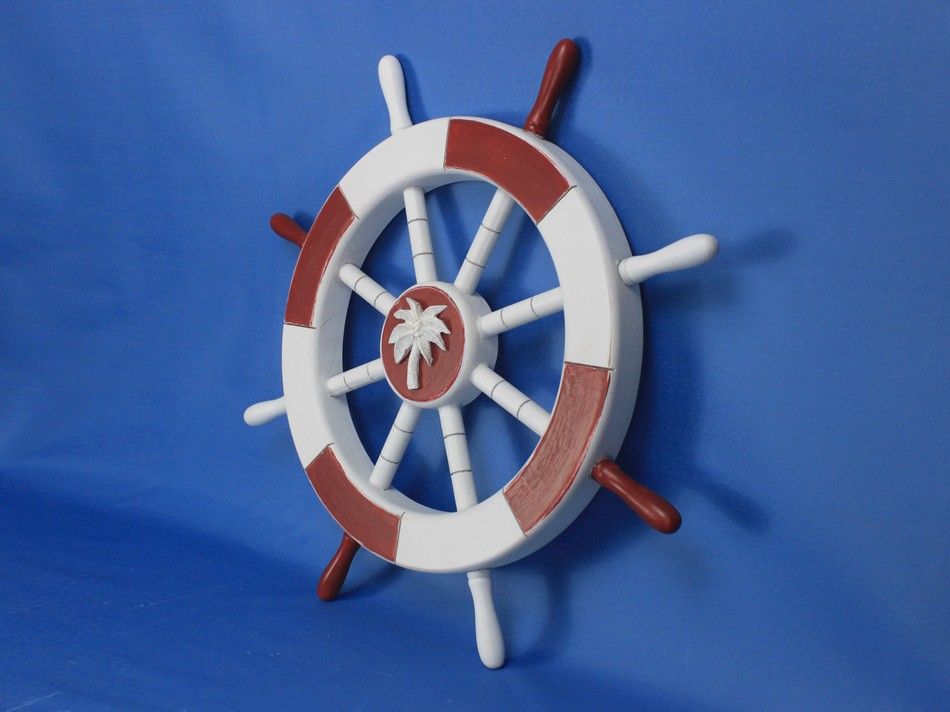 Red and White Decorative Ship Wheel with Palm Tree 18""