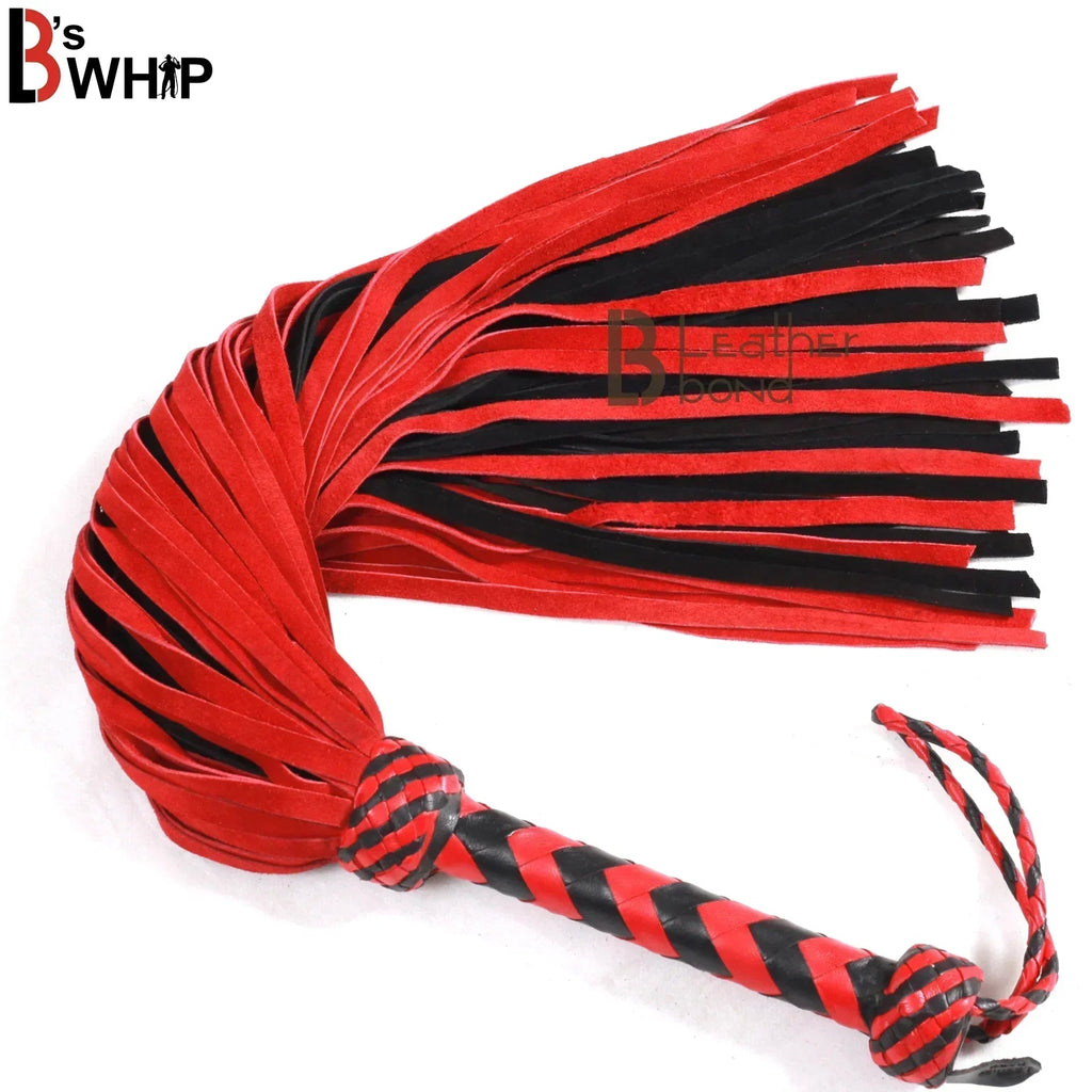 ❤️🖤 Real Genuine Cow Hide Suede Leather Flogger 100 Falls Red & Black Heavy Duty Thuddy Whip