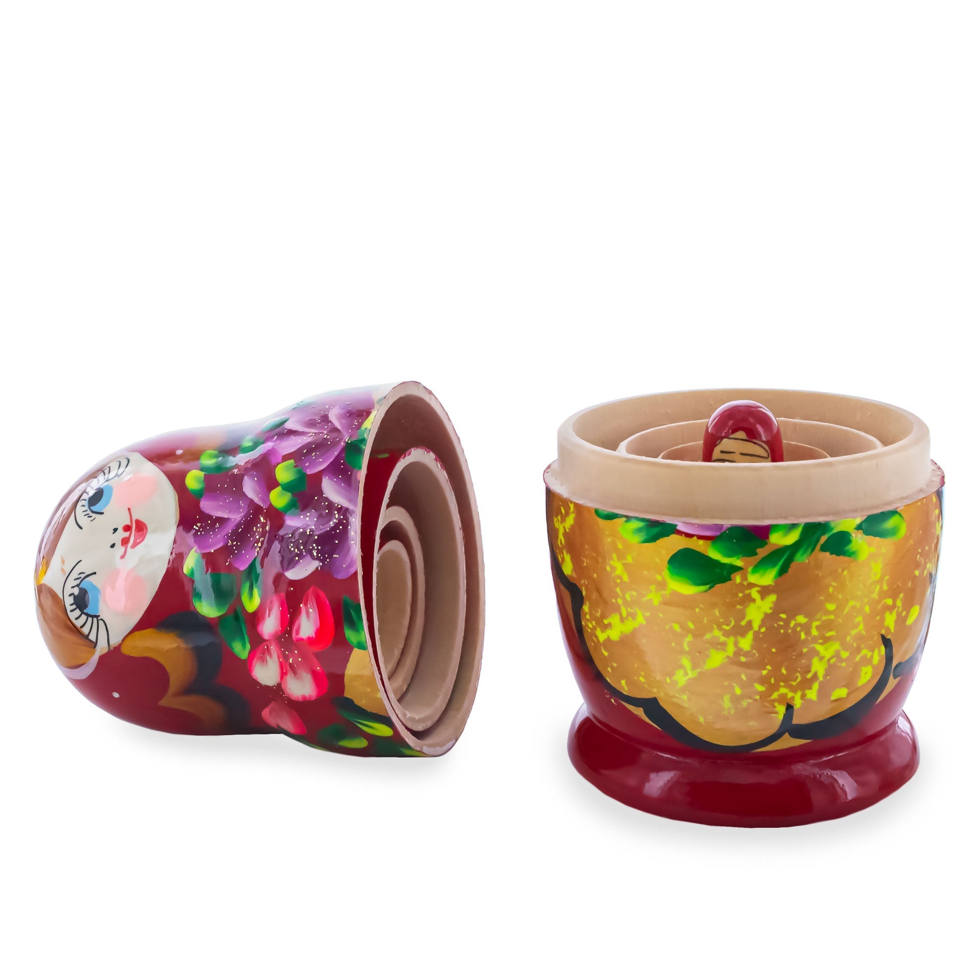 Red Color with Purple and Orange Flowers Wooden Nesting Dolls