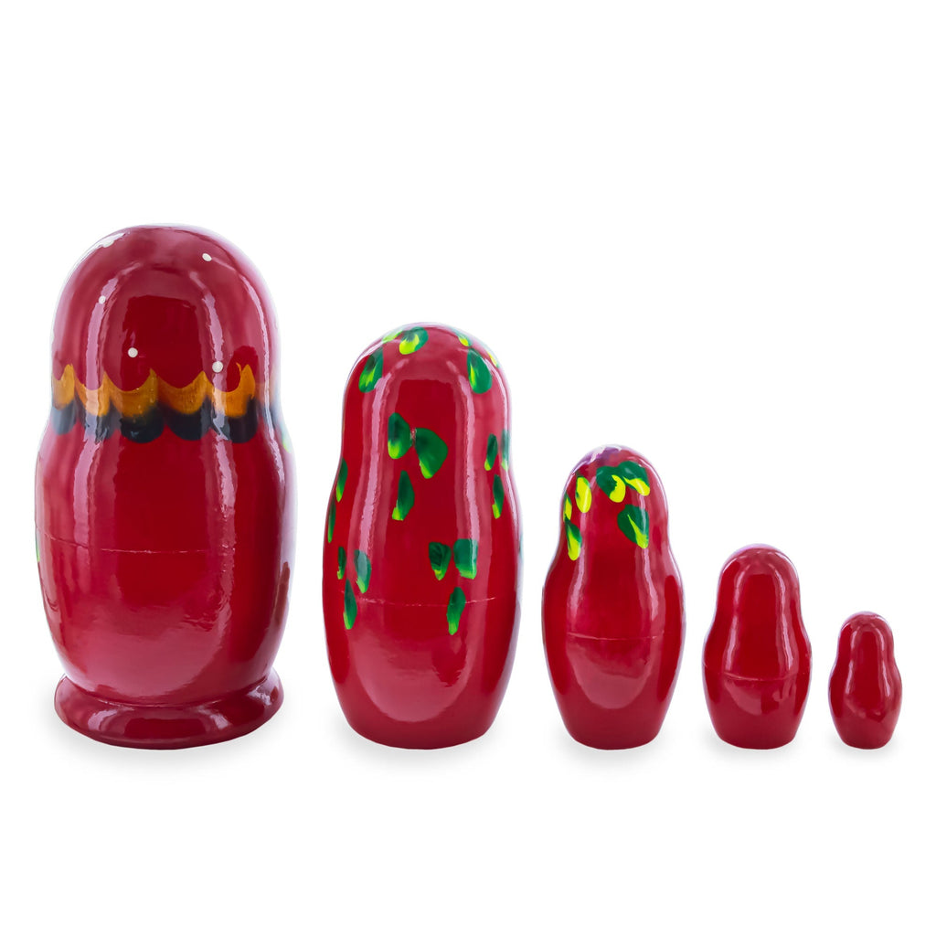 Red Color with Purple and Orange Flowers Wooden Nesting Dolls
