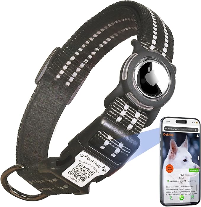 Reflective Dog Collar with Apple AirTag Holder & QR Code Pet ID Tag,Soft Nylon Adjustable Dog Tracker Collar with Safety Lock for Medium Dogs(Black, M) - PhishStones Products
