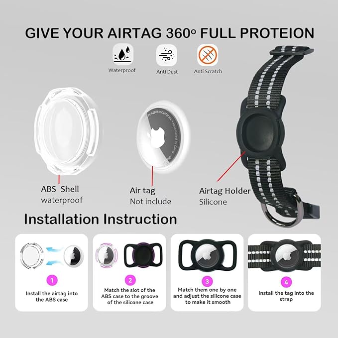 Reflective Dog Collar with Apple AirTag Holder & QR Code Pet ID Tag,Soft Nylon Adjustable Dog Tracker Collar with Safety Lock for Medium Dogs(Black, M) - PhishStones Products