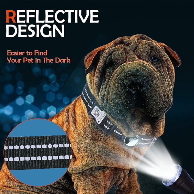 Reflective Dog Collar with Apple AirTag Holder & QR Code Pet ID Tag,Soft Nylon Adjustable Dog Tracker Collar with Safety Lock for Medium Dogs(Black, M) - PhishStones Products