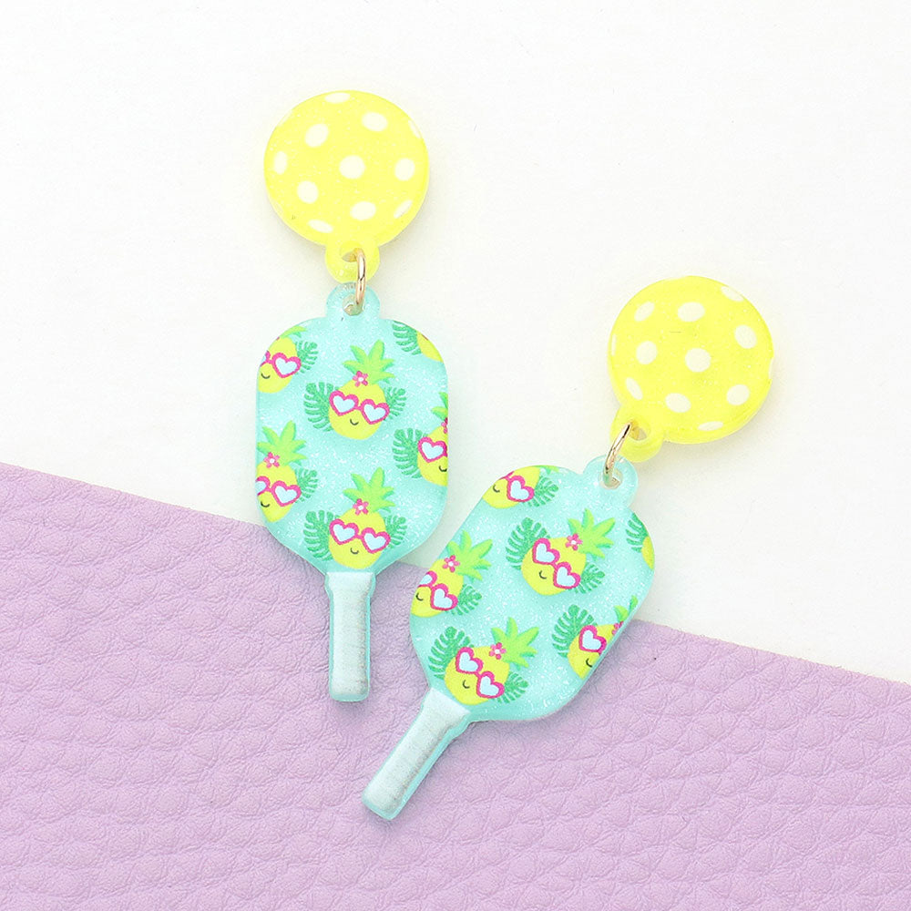 Resin Flower Printed Pickleball Paddle Dangle Earrings