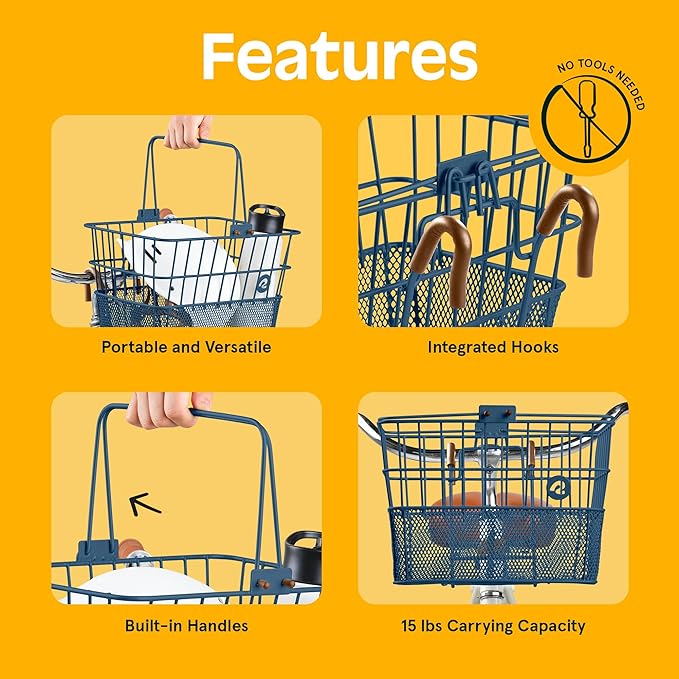 Retrospec Apollo Detachable Front Bike Basket Steel Half - Mesh with Integrated Detachable Hooks and Built - In Handle, Easy Assembly and Portability for Bicycles - PhishStones Products