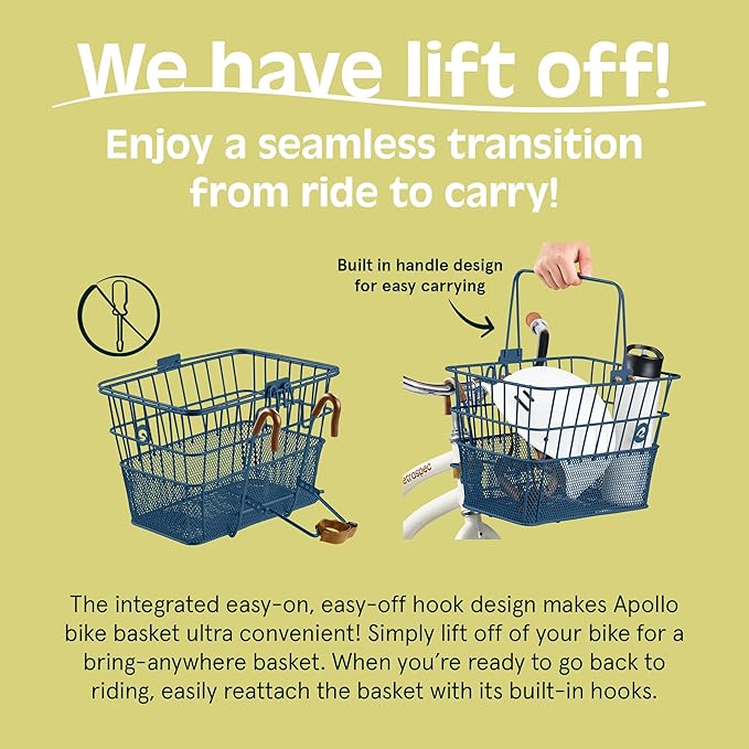 Retrospec Apollo Detachable Front Bike Basket Steel Half - Mesh with Integrated Detachable Hooks and Built - In Handle, Easy Assembly and Portability for Bicycles - PhishStones Products