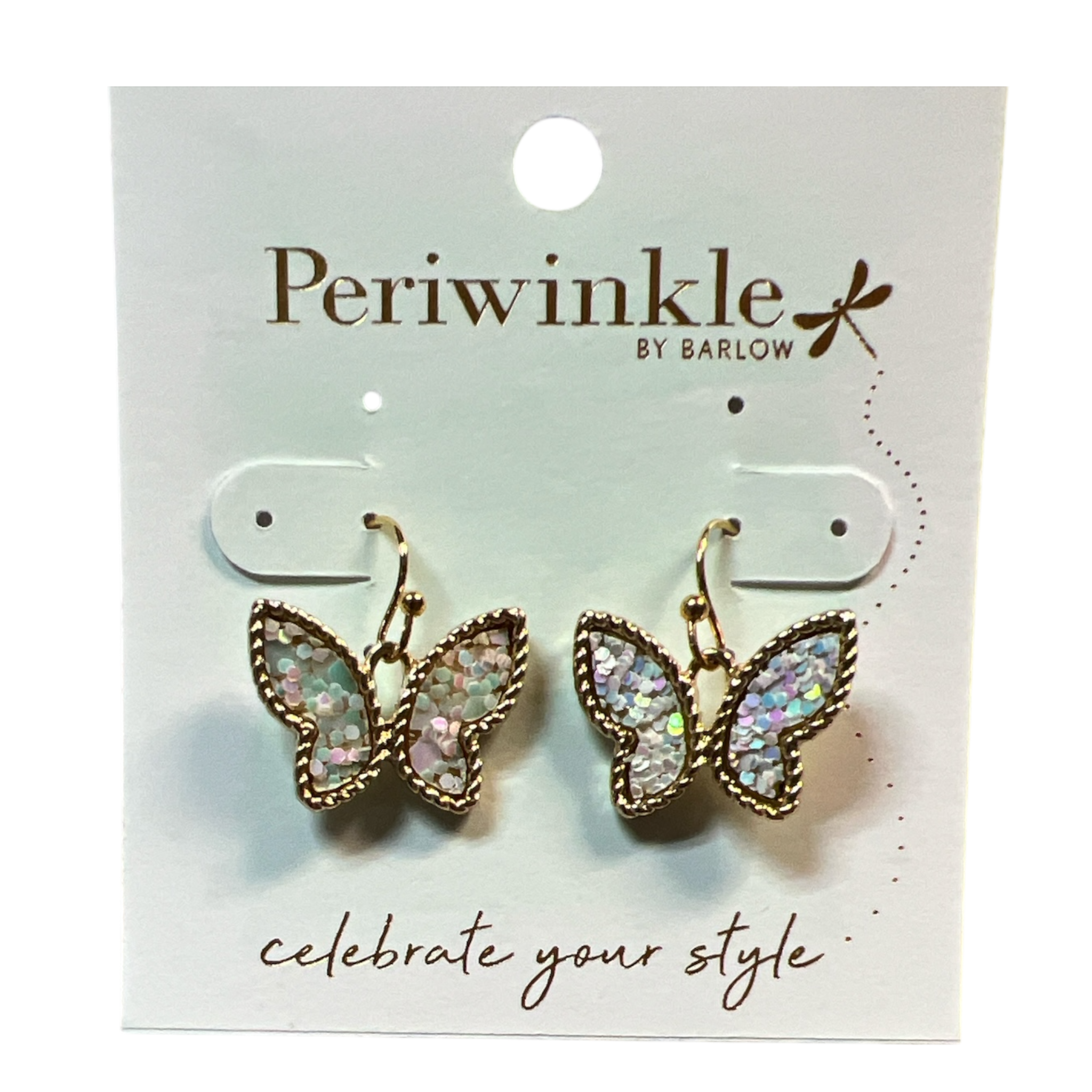 Butterfly Earrings – Iridescent Glitter with Gold Trim