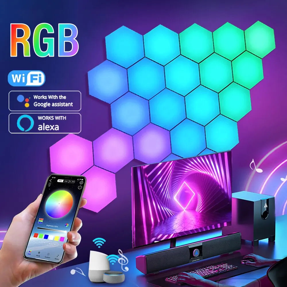 RGB Hexagonal Smart Wall Lamp - Color - Changing LED Panels with App Control, Music Sync & DIY Ambient Night Light for Bedroom Game Room - PhishStones Products
