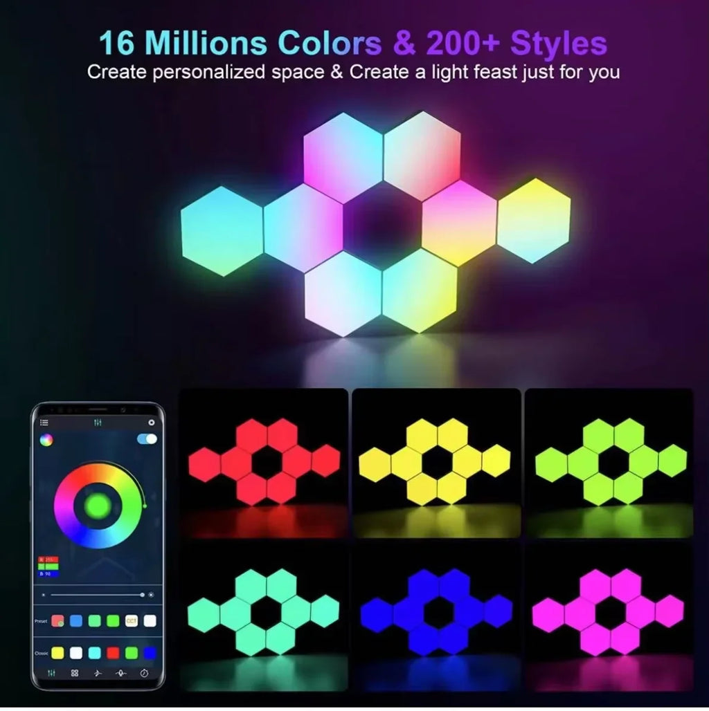 RGB Hexagonal Smart Wall Lamp – DIY Color - Changing Ambient Night Light with Music Sync & App Control for Game Room and Bedroom - PhishStones Products