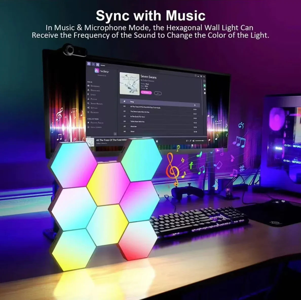 RGB Hexagonal Smart Wall Lamp – DIY Color - Changing Ambient Night Light with Music Sync & App Control for Game Room and Bedroom - PhishStones Products