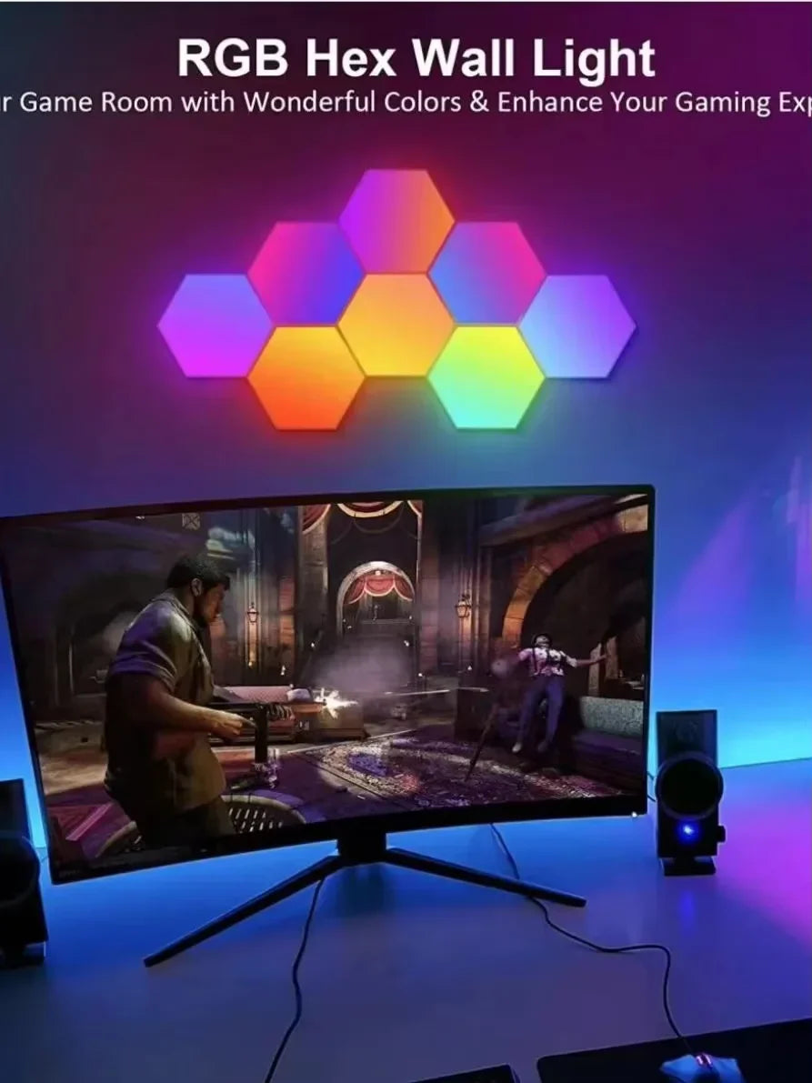 RGB Hexagonal Smart Wall Lamp – DIY Color - Changing Ambient Night Light with Music Sync & App Control for Game Room and Bedroom - PhishStones Products