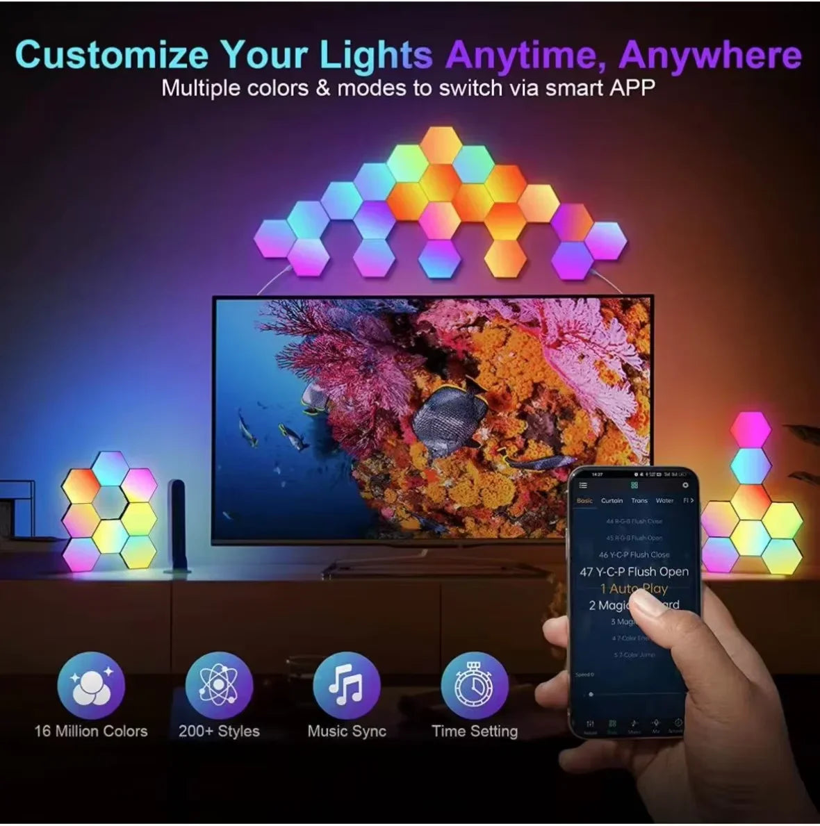 RGB Hexagonal Smart Wall Lamp – DIY Color - Changing Ambient Night Light with Music Sync & App Control for Game Room and Bedroom - PhishStones Products