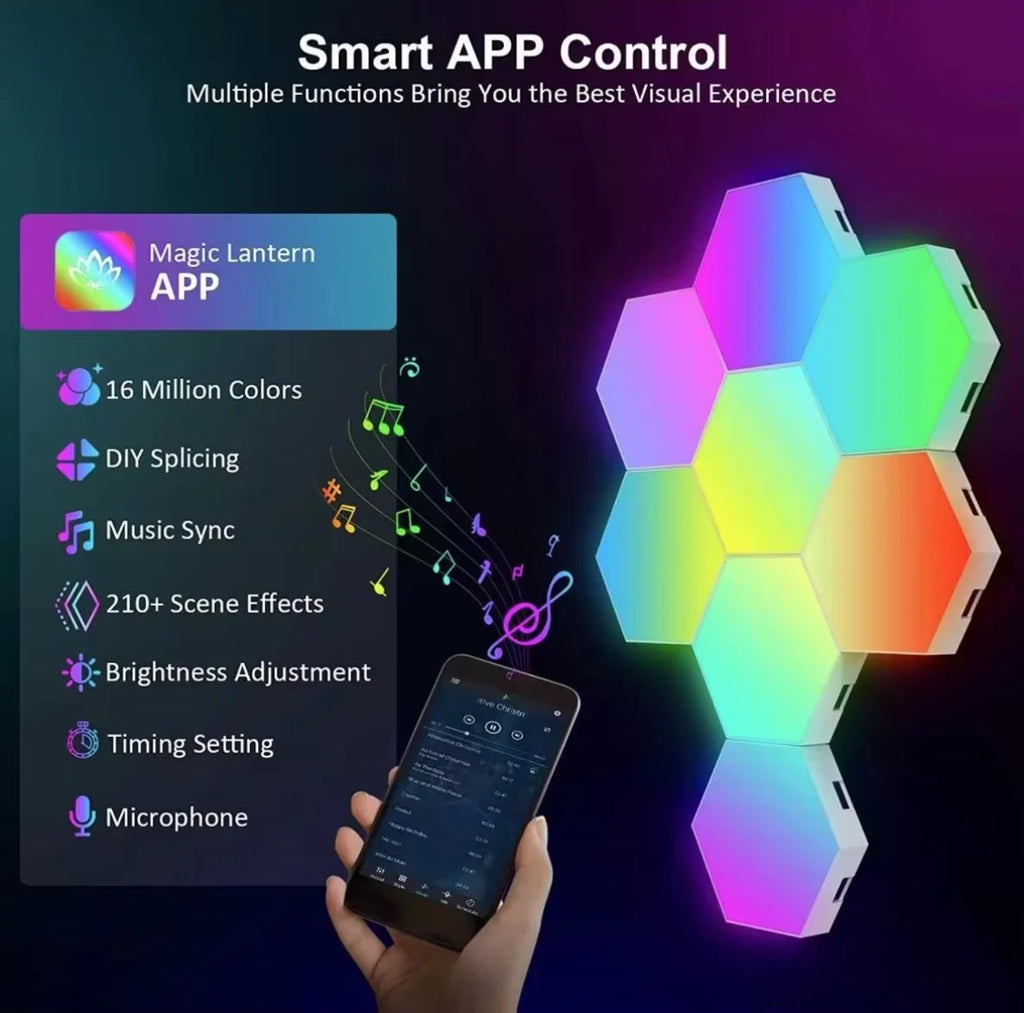 RGB Hexagonal Smart Wall Lamp – DIY Color - Changing Ambient Night Light with Music Sync & App Control for Game Room and Bedroom - PhishStones Products