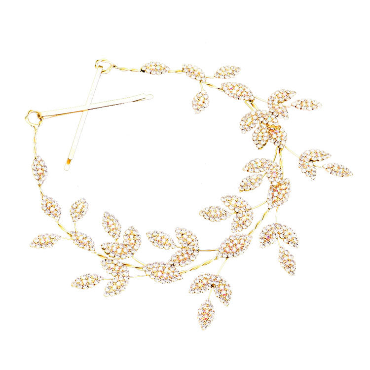 Rhinestone Embellished Leaf Cluster Vine Bun Wrap Headpiece
