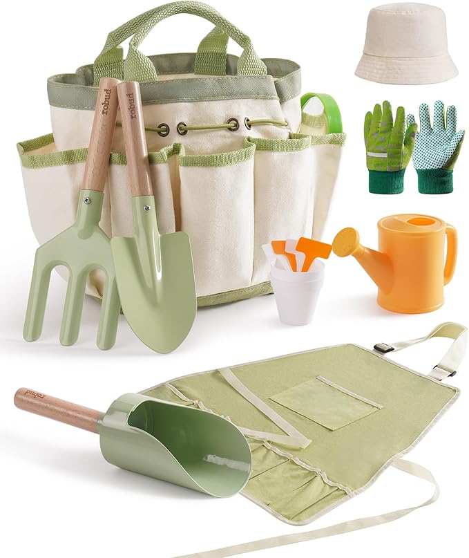 ROBUD Kid Gardening Set, Wooden Garden Tool for Kid, Garden Tool Kit with Tool Storage Bag, Apron, Gloves, Montessori Toys for Kids to be Closed to Nature, WRP25 - PhishStones Products