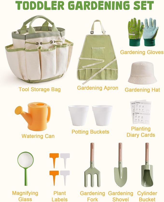 ROBUD Kid Gardening Set, Wooden Garden Tool for Kid, Garden Tool Kit with Tool Storage Bag, Apron, Gloves, Montessori Toys for Kids to be Closed to Nature, WRP25 - PhishStones Products