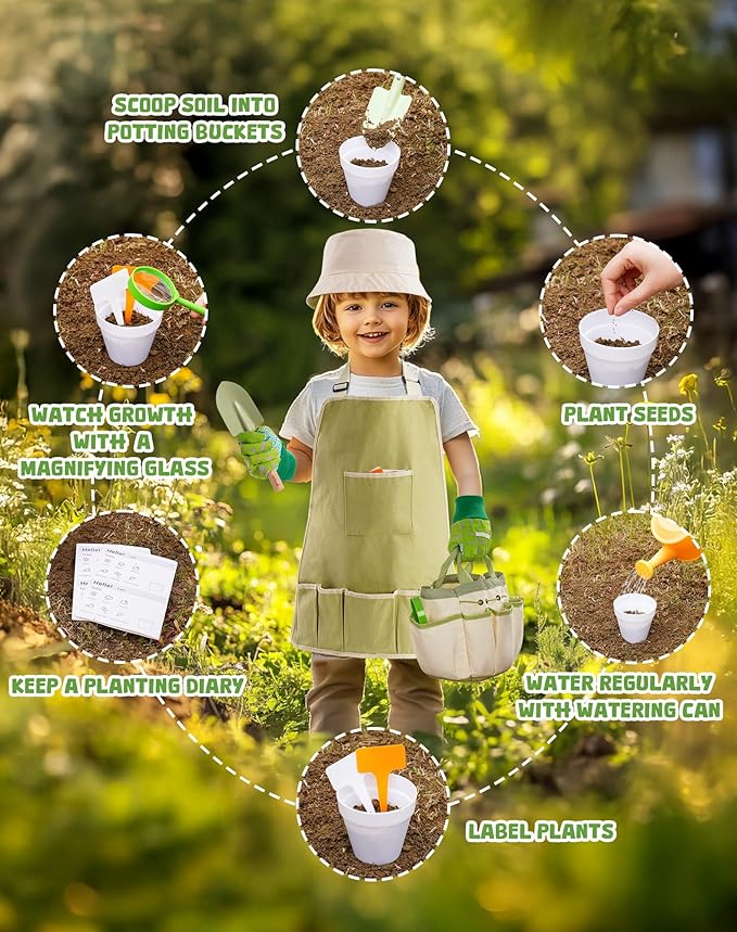 ROBUD Kid Gardening Set, Wooden Garden Tool for Kid, Garden Tool Kit with Tool Storage Bag, Apron, Gloves, Montessori Toys for Kids to be Closed to Nature, WRP25 - PhishStones Products