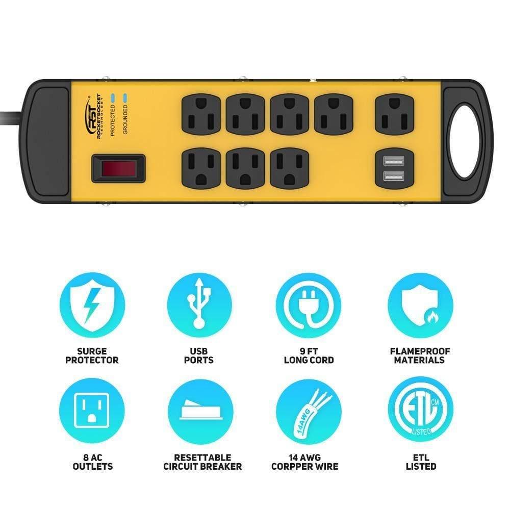 CRST 8 Outlets Dural USB Mountable Metal Power Strip Surge Protector