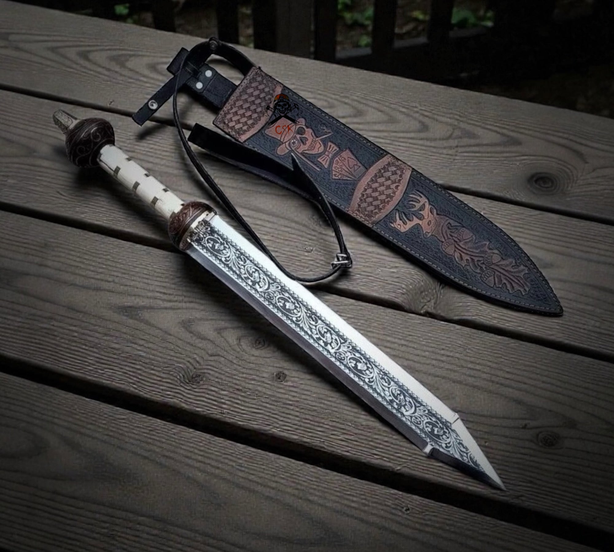 Roman Ornate Gladiator Sword - Engraved Blade, Bone Handle, Skull Deer Leather Sheath - PhishStones Products