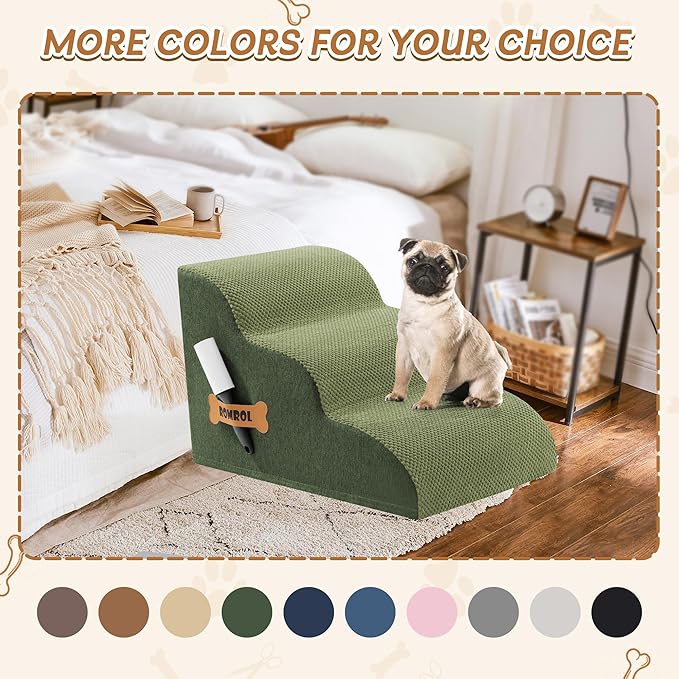 Romrol Dog Stairs Ramp for High Beds Couches, High Density Foam Pet Steps with Durable Non - Slip Waterproof Fabric Cover, Dog Stairs for Small Dogs or Cats or Pets, 3 - Step,15 Inch,Green - PhishStones Products