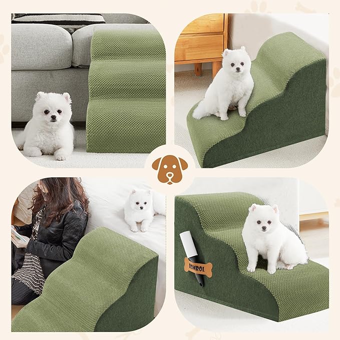 Romrol Dog Stairs Ramp for High Beds Couches, High Density Foam Pet Steps with Durable Non - Slip Waterproof Fabric Cover, Dog Stairs for Small Dogs or Cats or Pets, 3 - Step,15 Inch,Green - PhishStones Products
