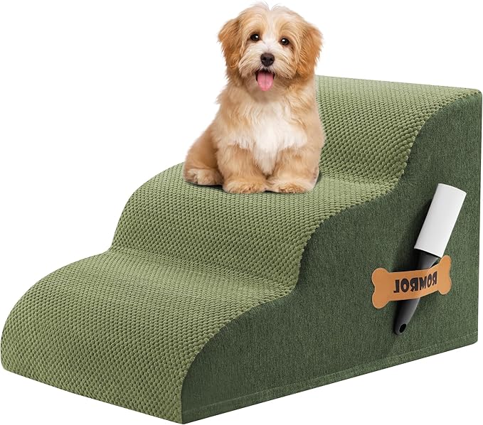 Romrol Dog Stairs Ramp for High Beds Couches, High Density Foam Pet Steps with Durable Non - Slip Waterproof Fabric Cover, Dog Stairs for Small Dogs or Cats or Pets, 3 - Step,15 Inch,Green - PhishStones Products