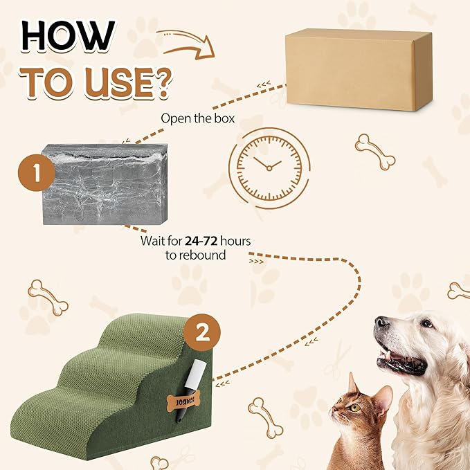 Romrol Dog Stairs Ramp for High Beds Couches, High Density Foam Pet Steps with Durable Non - Slip Waterproof Fabric Cover, Dog Stairs for Small Dogs or Cats or Pets, 3 - Step,15 Inch,Green - PhishStones Products