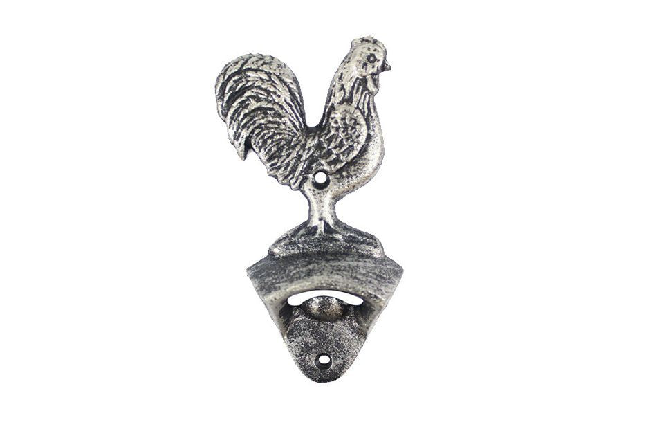 Rustic Silver Cast Iron Rooster Bottle Opener 6""