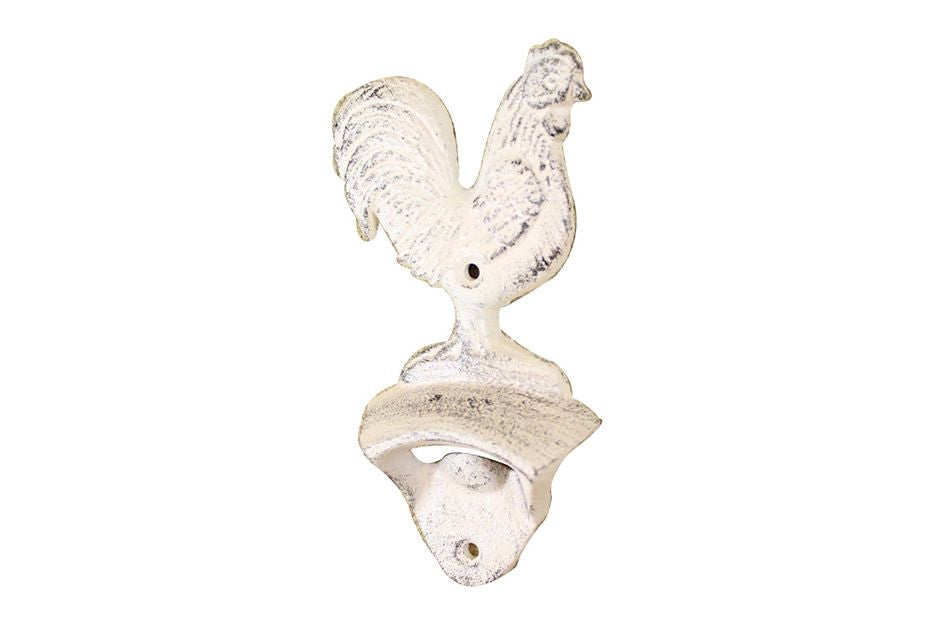 Whitewashed Cast Iron Rooster Bottle Opener 6""
