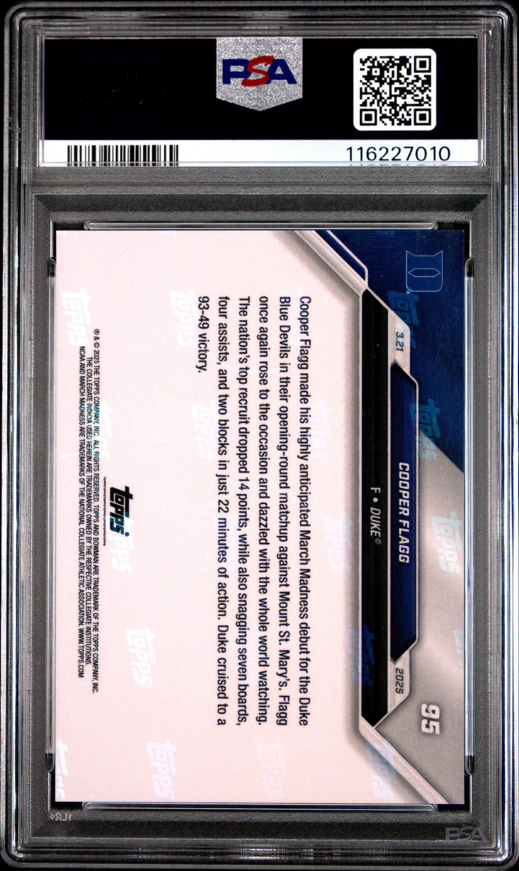 Graded 2024 Topps Bowman U Now Cooper Flagg #95 Superstar Makes March Madness Debut Rookie RC Basketball Card PSA 10 Gem Mint