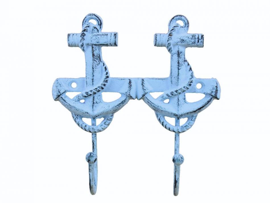 Rustic Dark Blue Whitewashed Cast Iron Decorative Anchor Hooks 7""
