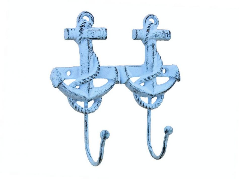 Rustic Dark Blue Whitewashed Cast Iron Decorative Anchor Hooks 7""