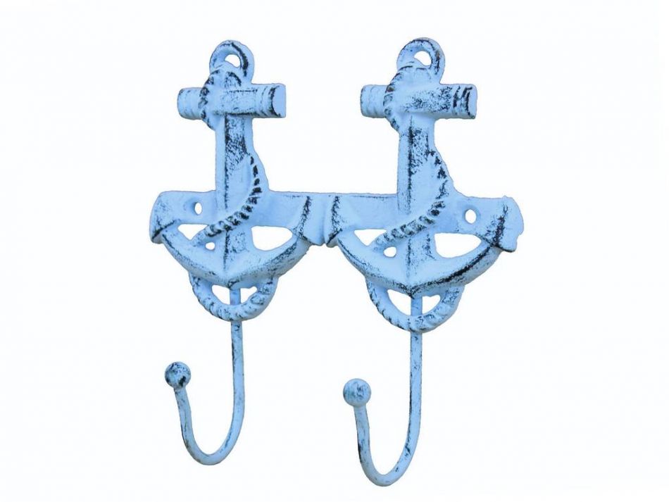 Rustic Dark Blue Whitewashed Cast Iron Decorative Anchor Hooks 7""