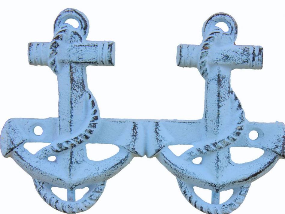 Rustic Dark Blue Whitewashed Cast Iron Decorative Anchor Hooks 7""